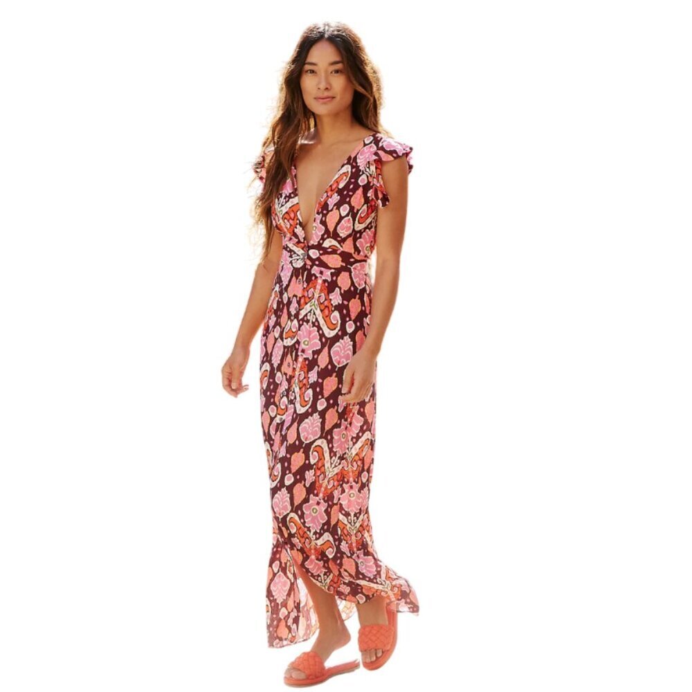 Anthropologie Maaji Fortunata Cover Up Maxi Dress Womens Small Pink VNeck Floral